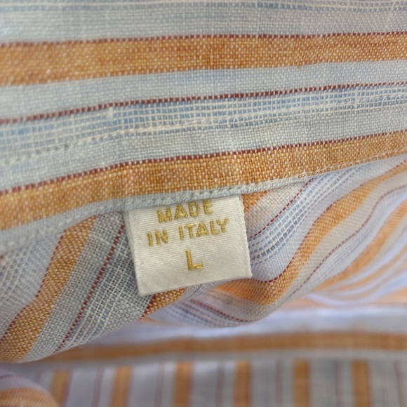 BRIONI ITALY 100% LUXURY LINEN SHIRT Mens Large Blue Stripe Short Sleeve - Picture 7 of 13